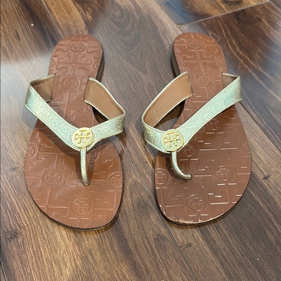 Tory Burch Shoes - Tory Burch Gold and Brown Sandals with Thong Design